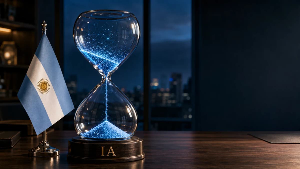 Reloj de arena con arena de luz azul sobre un escritorio, junto a una bandera argentina y con la inscripción «IA» en la base, con Buenos Aires de noche al fondo — la adopción de inteligencia artificial en las empresas argentinas, por Diego Ceredi