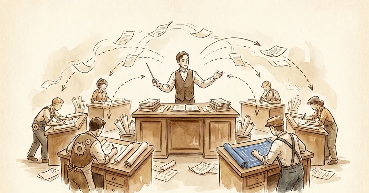 Ilustración editorial sepia: un agente líder coordinando subagentes especialistas en un escritorio, estilo diario — agentes gestionados de Claude para pymes