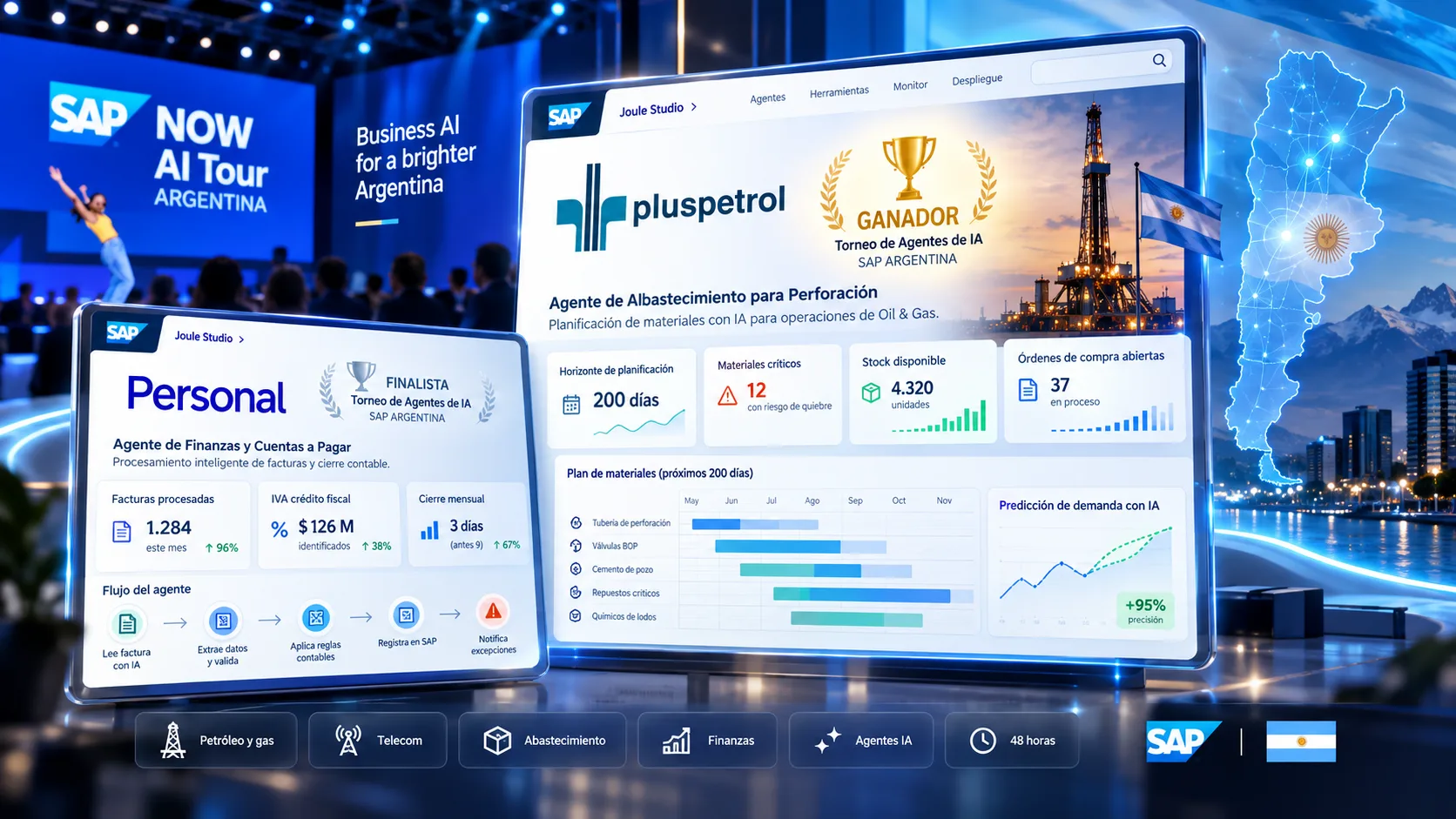Un planner de una petrolera revisa en pantalla una línea de tiempo de 200 días de materiales para perforación con dos faltantes marcados por un agente de IA y la orden previsional sugerida, con un equipo de perforación de fondo — agentes de IA sobre SAP, por Diego Ceredi