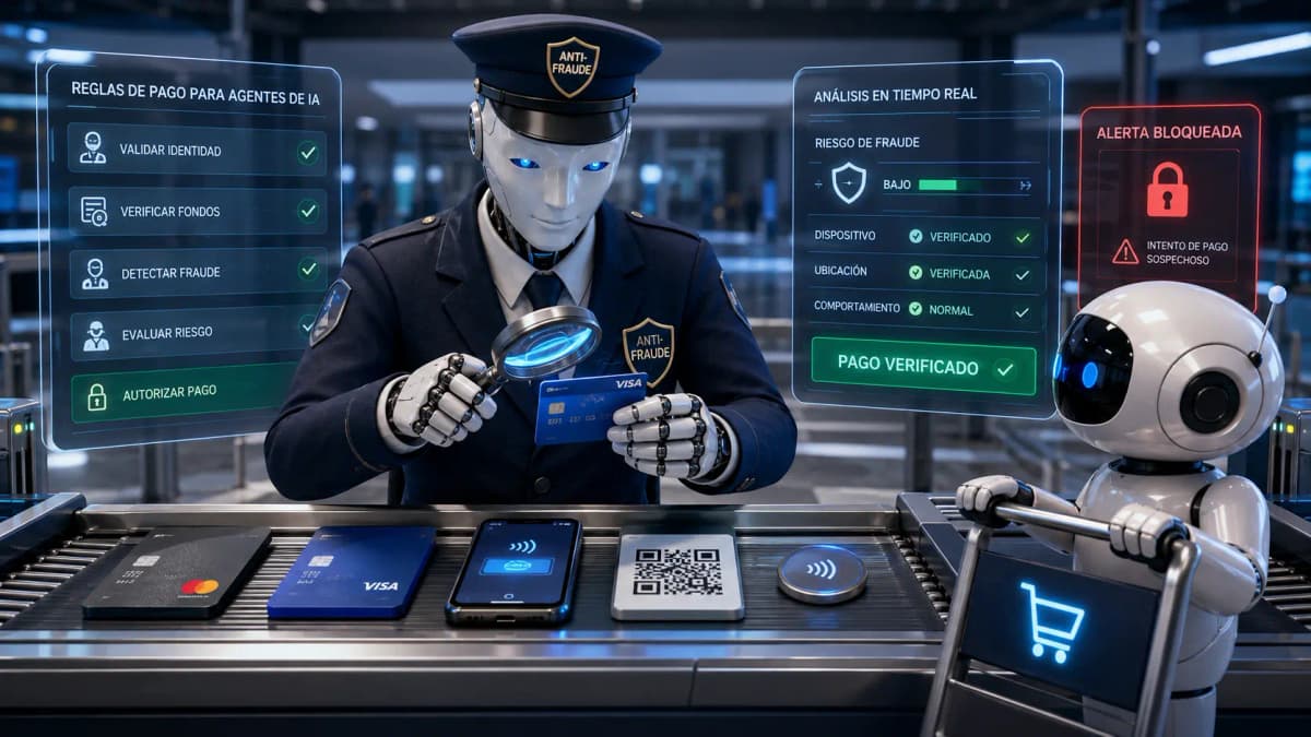 Un agente de IA autorizando un pago frente a una capa de control con credenciales acotadas y las redes de tarjetas detrás — Agentic Payments Alliance