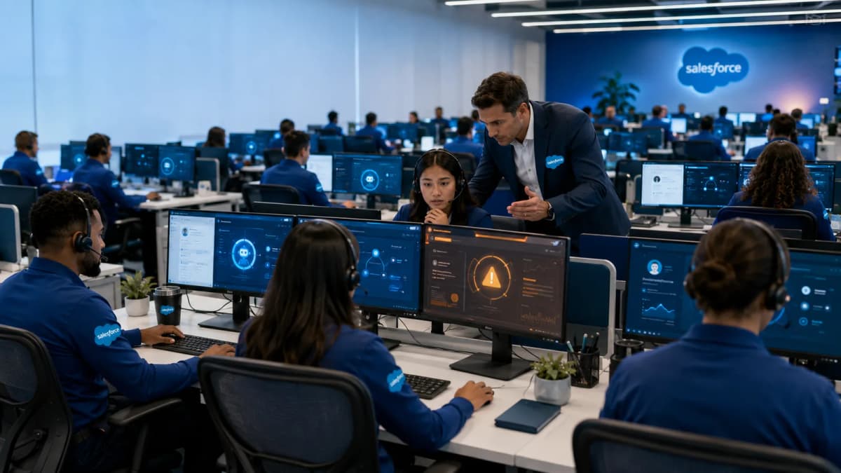 Centro de atención al cliente donde agentes de IA y personas atienden en paralelo — la mitad de las consultas resueltas por software, la otra mitad por humanos