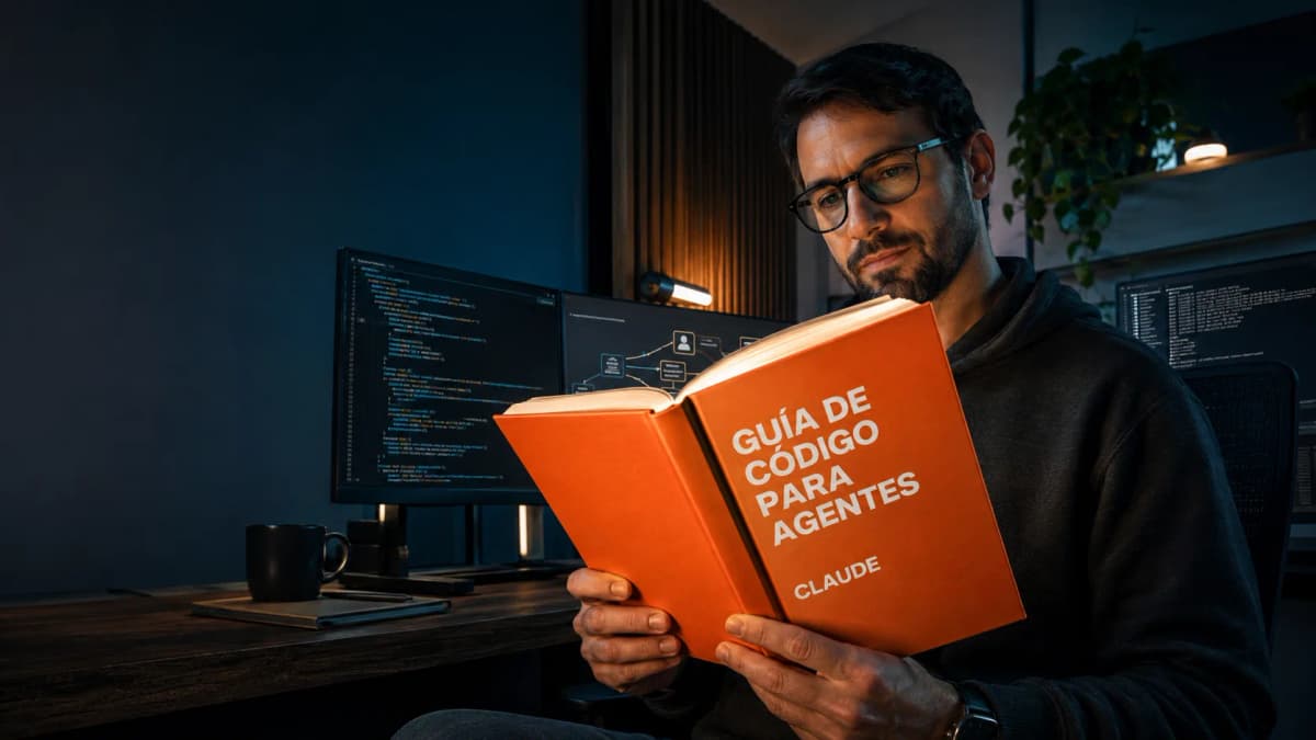 Desarrollador leyendo un manual naranja titulado «Guía de código para agentes / Claude» frente a monitores con código y un diagrama de flujo — el AI-Native SDLC playbook de Anthropic