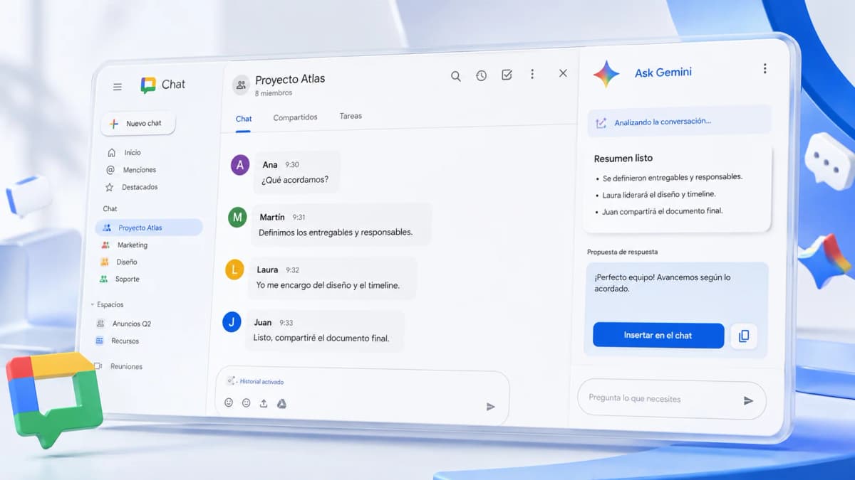 Conversación de Google Chat con la barra de Ask Gemini buscando archivos de Drive y correos de Gmail sin salir del chat