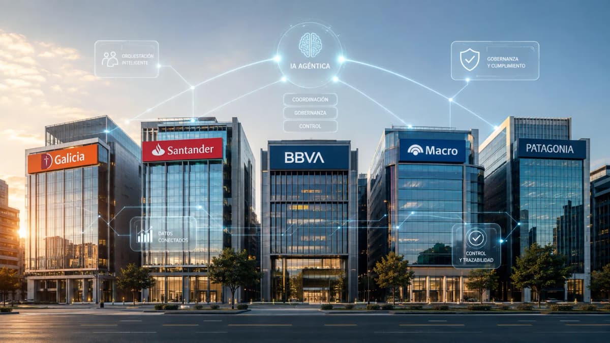 Fachada de un banco argentino con una capa de agentes de IA procesando operaciones de fraude y scoring bajo supervisión humana — IA agéntica y gobernanza en la banca