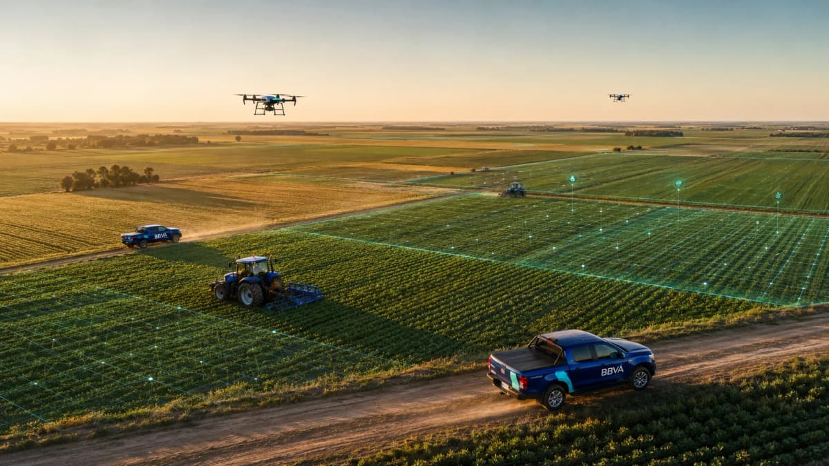 Mapa satelital de parcelas de soja, maíz y trigo con capas de datos geoespaciales analizadas por inteligencia artificial — BBVA Agro Advisor monitorea más de 550.000 hectáreas