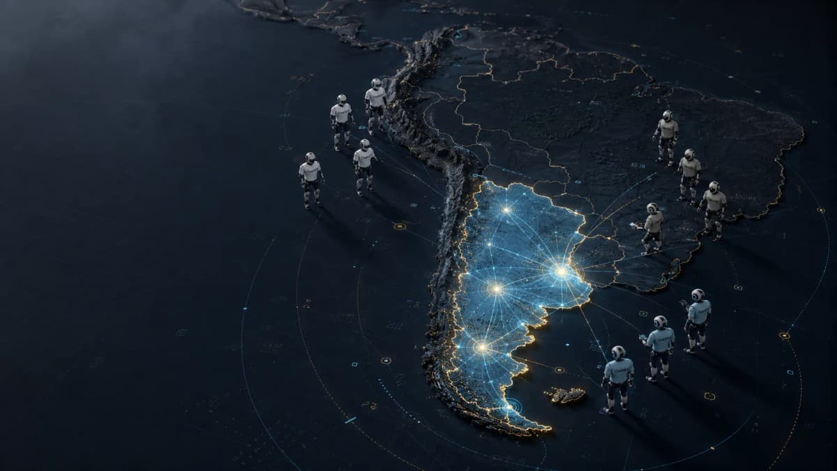 Mapa de América del Sur con Argentina iluminada y robots de IA alrededor: la demanda de habilidades de inteligencia artificial supera a la formación según el QS World Future Skills Index 2027