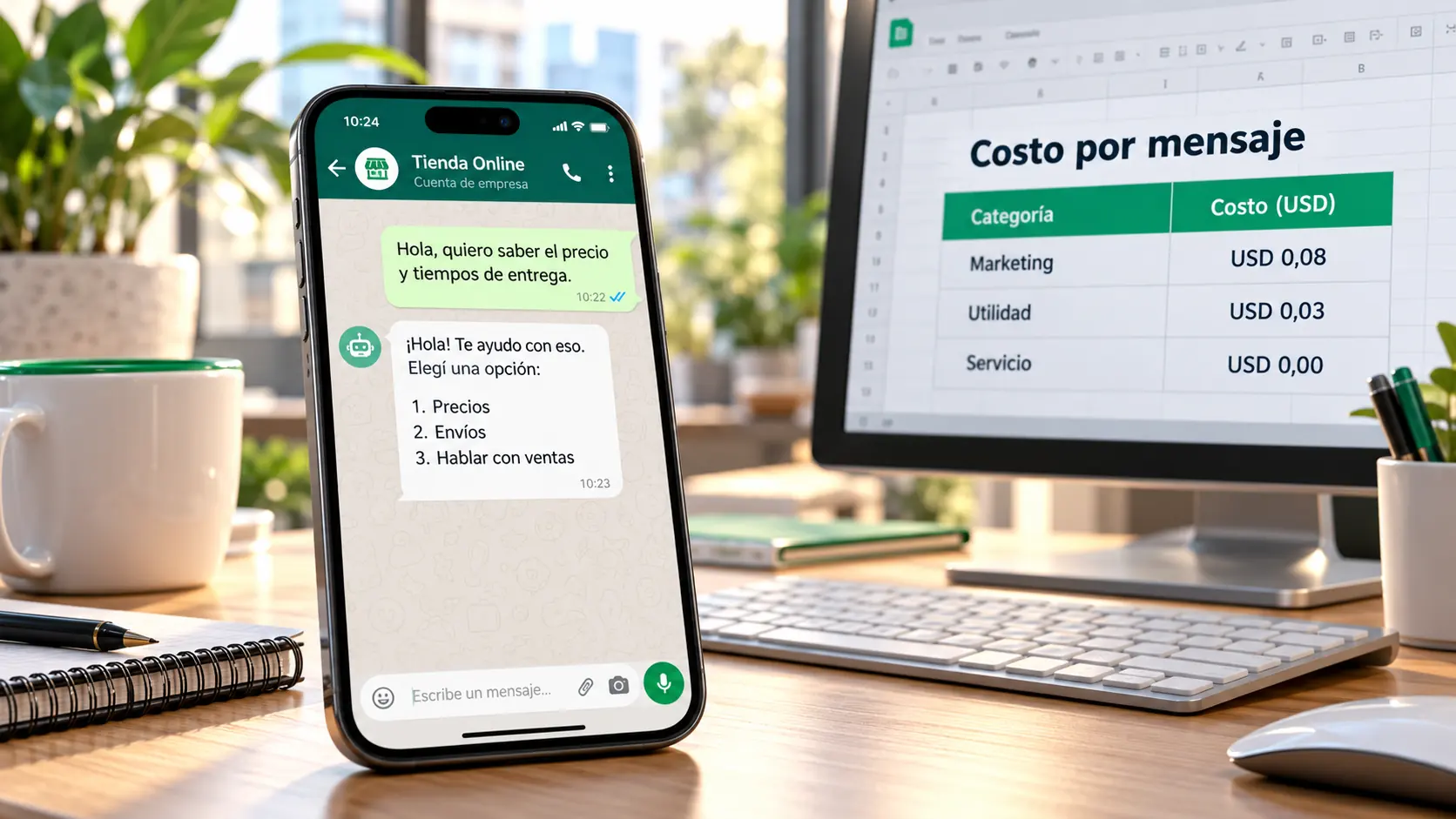 Teléfono con una conversación de WhatsApp Business atendida por un chatbot, al lado de una planilla con el costo por mensaje — por Diego Ceredi