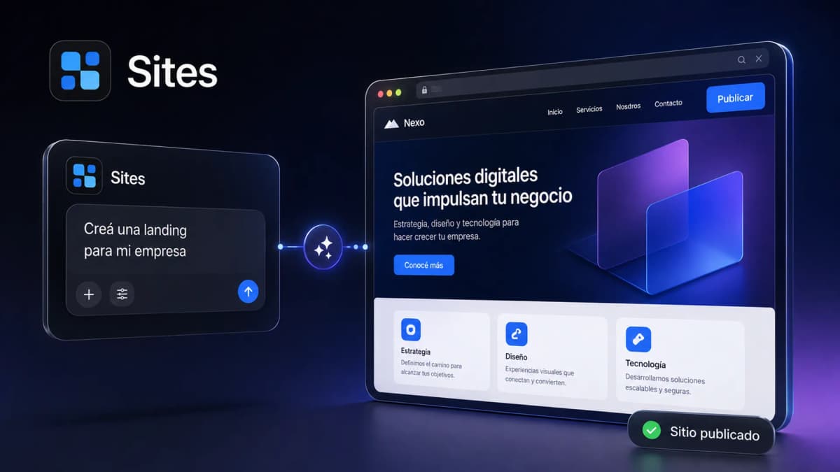 Pantalla de ChatGPT mostrando la función Sites: una conversación a la izquierda y la vista previa de una página web publicada a la derecha, con la URL tuproyecto.openai.chatgpt.site