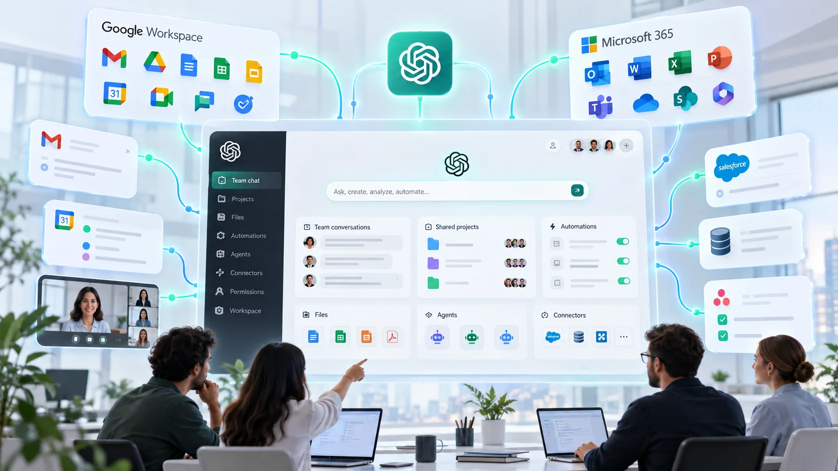 Un equipo reunido frente a un espacio de trabajo compartido de ChatGPT, conectado a las apps de Google Workspace y Microsoft 365 — ChatGPT Space para empresas