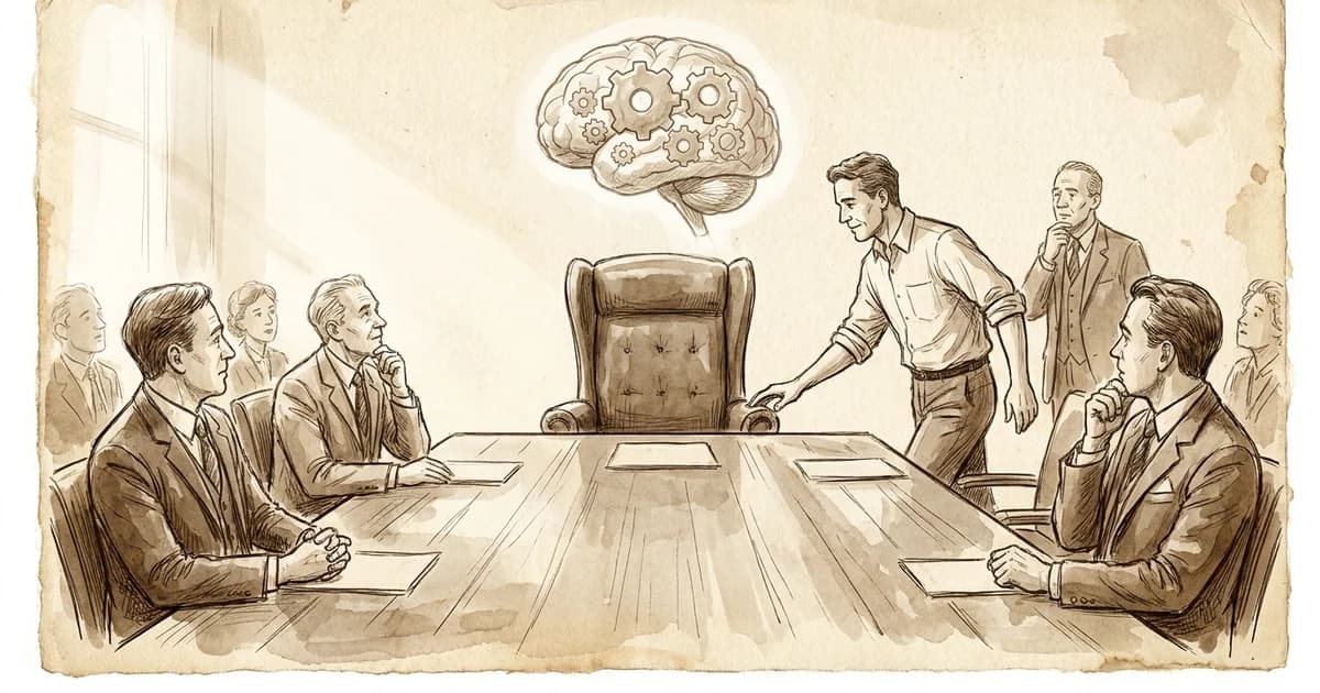 Ilustración editorial sepia estilo diario: una silla de director vacía frente a una mesa de reuniones con un cerebro-engranaje proyectado, mientras un líder del equipo toma el lugar — Chief AI Officer y capacitación corporativa en IA