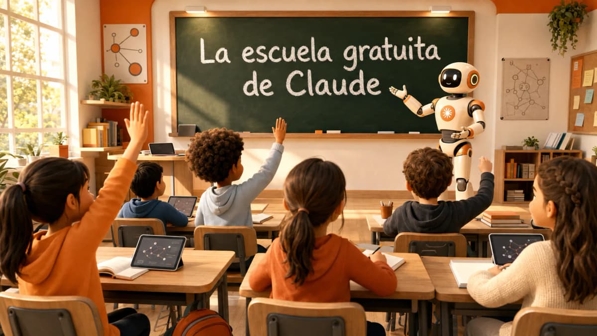 Aula con chicos levantando la mano frente a un robot que escribe «La escuela gratuita de Claude» en el pizarrón — Claude Academy de Anthropic