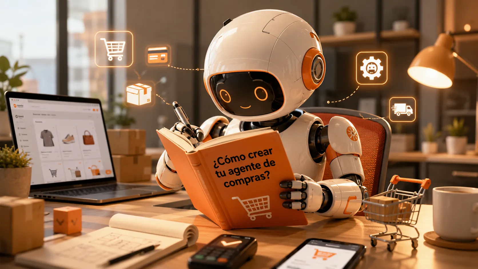 Agente de compra construido con Claude mostrando productos de un catálogo dentro de una conversación, junto a un panel de comerciante con cambios pendientes de aprobación