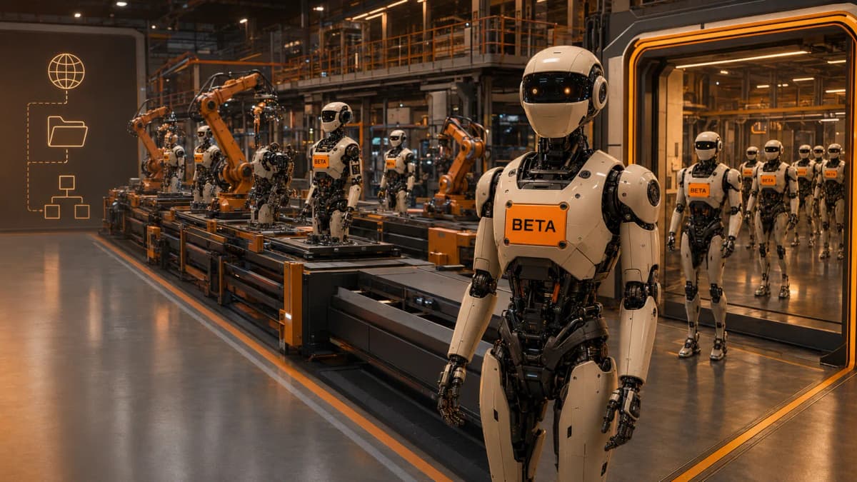 Robots con placas BETA saliendo por una puerta de una planta industrial — computer use, browser use, Skills API y Files API dejan la beta