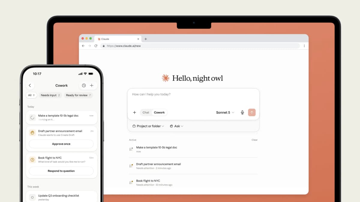Claude Cowork ejecutando una tarea en la nube mientras se supervisa desde el celular y la web, con aprobación humana en el teléfono