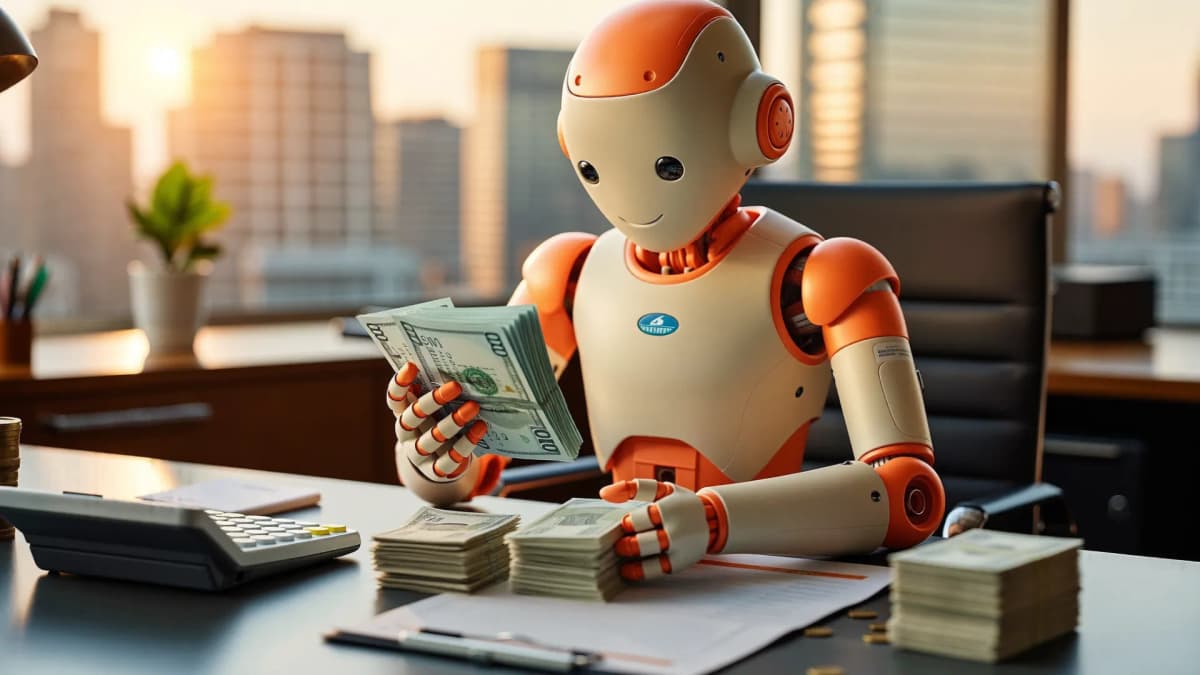 Robot con carcasa color crema y coral contando billetes y monedas sobre un escritorio con una planilla financiera — portada sobre el control de gastos de Claude Enterprise