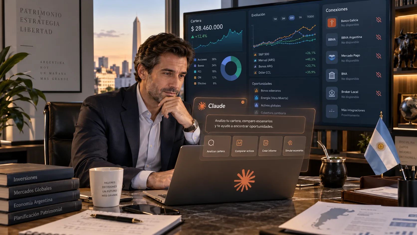 Asesor financiero en una oficina de Buenos Aires con vista al Obelisco revisa una cartera con Claude en la notebook, mientras la pantalla muestra como no disponibles las conexiones con bancos, billeteras y brokers argentinos: la brecha de Claude for Financial Advisors en Argentina