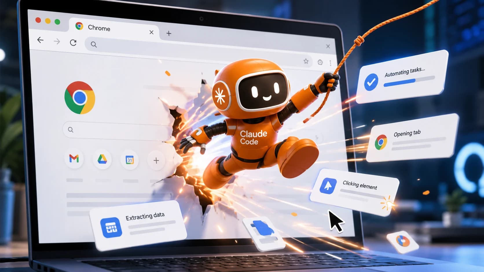 Una ventana de Chrome con el panel lateral de Claude operando por su cuenta sobre una pestaña, y al lado un tablero de administrador con la lista de dominios permitidos — Claude in Chrome y sus controles de administración, por Diego Ceredi