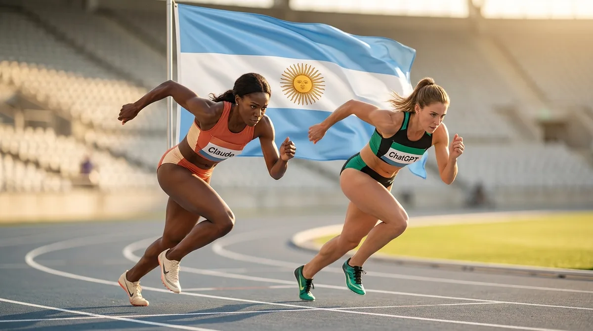 Dos atletas mujeres en la línea de largada, una con kit de Claude y otra de ChatGPT, con la bandera argentina de fondo