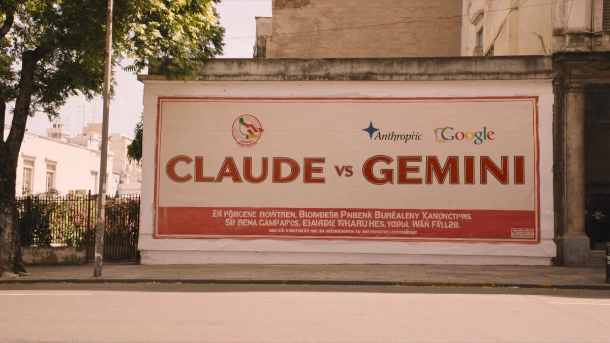 Dos monitores en oficina argentina comparando Claude de Anthropic y Gemini de Google — decisión empresarial de IA
