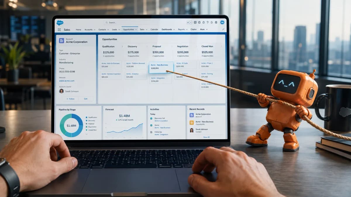 Una laptop con el pipeline de Salesforce abierto —etapas, forecast y la cuenta Acme Corporation— y un robot naranja tirando de una cuerda atada a una oportunidad, por Diego Ceredi