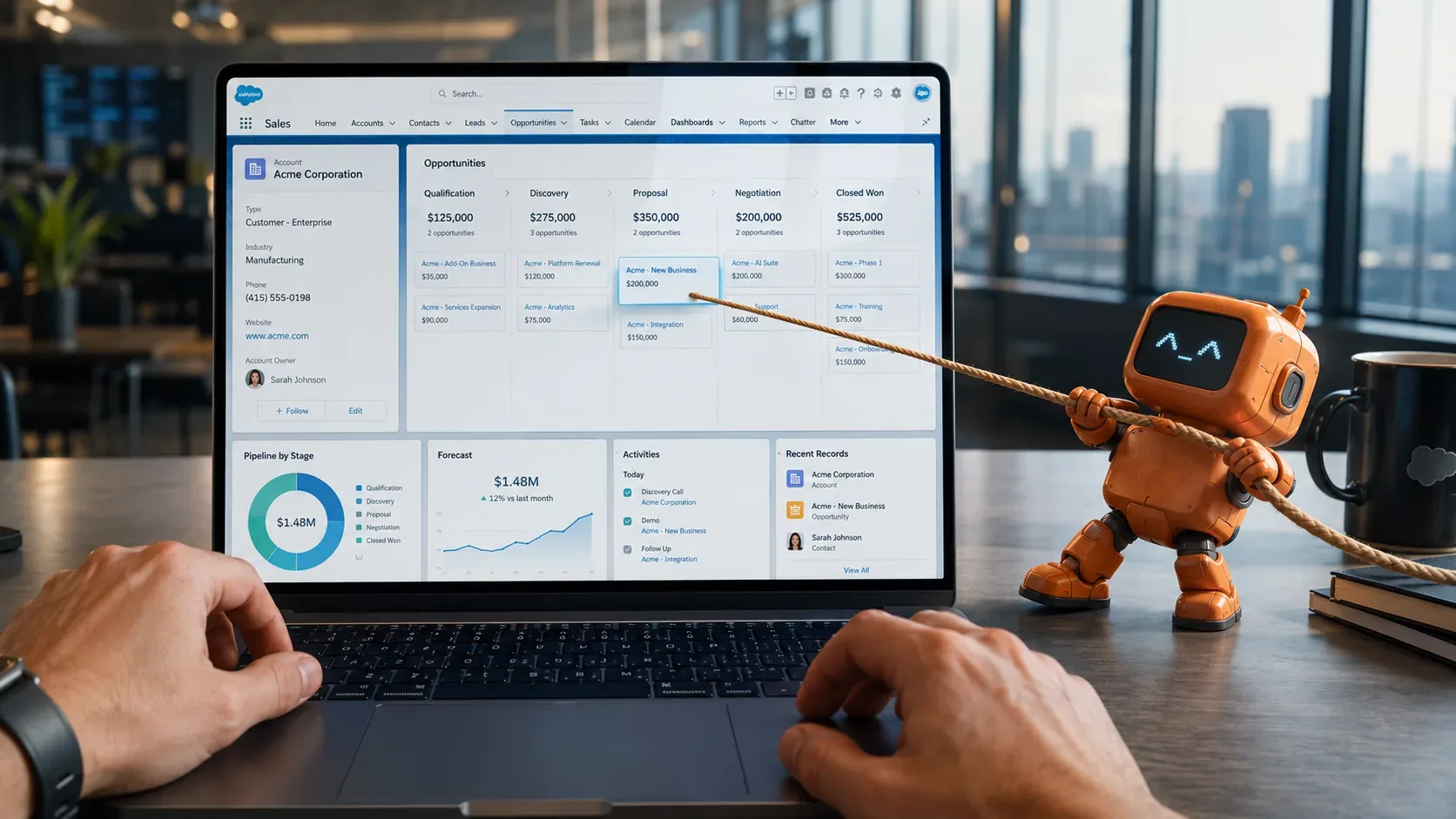 Una laptop con el pipeline de Salesforce abierto —etapas, forecast y la cuenta Acme Corporation— y un robot naranja tirando de una cuerda atada a una oportunidad, por Diego Ceredi