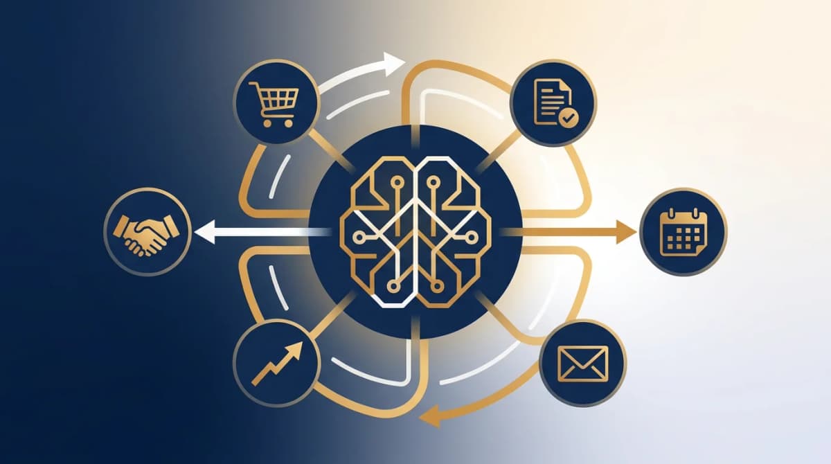 Diagrama conceptual de comercio agéntico — agentes de IA ejecutando transacciones comerciales de forma autónoma