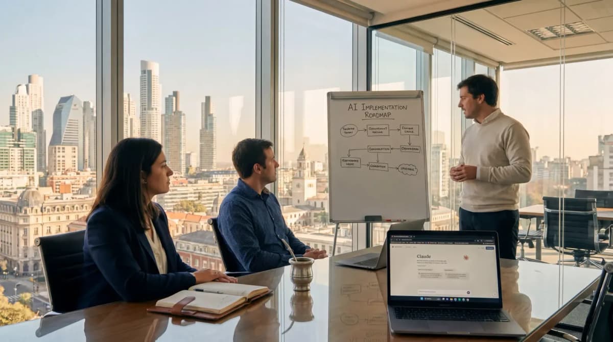 Reunión de consultoría en IA en oficina corporativa argentina