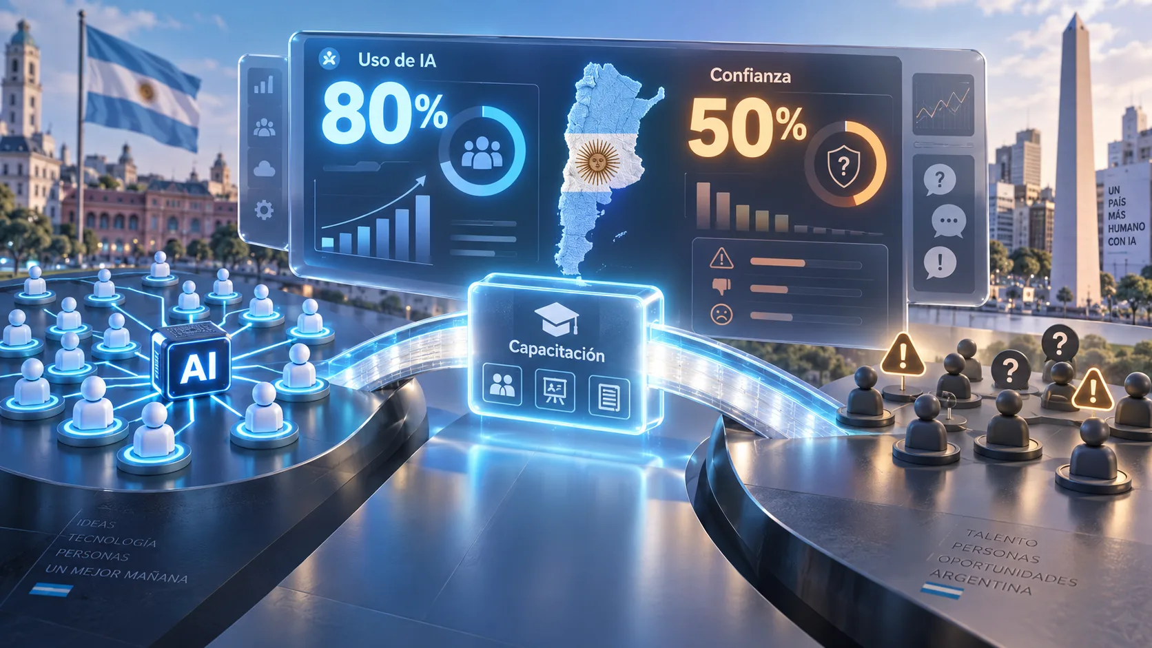 Tablero con los indicadores de Argentina sobre uso de IA y nivel de confianza, y un puente rotulado «Capacitación» que une al grupo que ya adoptó la inteligencia artificial con el grupo que desconfía de los resultados que produce