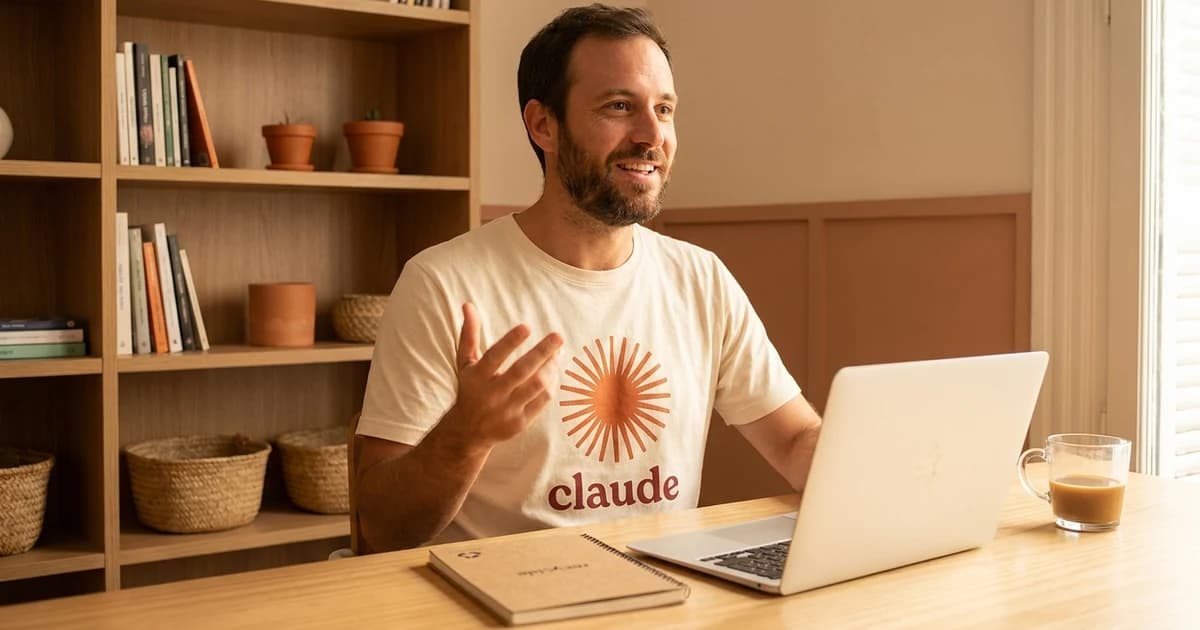 Consultor de Claude certificado por Anthropic con remera del sistema de diseño de Claude trabajando en una oficina de Buenos Aires