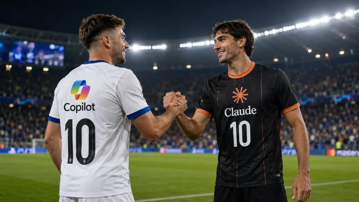 Dos futbolistas con la camiseta número 10 de Copilot y de Claude se dan la mano en la cancha — Copilot Cowork y Claude Cowork corren sobre los mismos modelos Claude