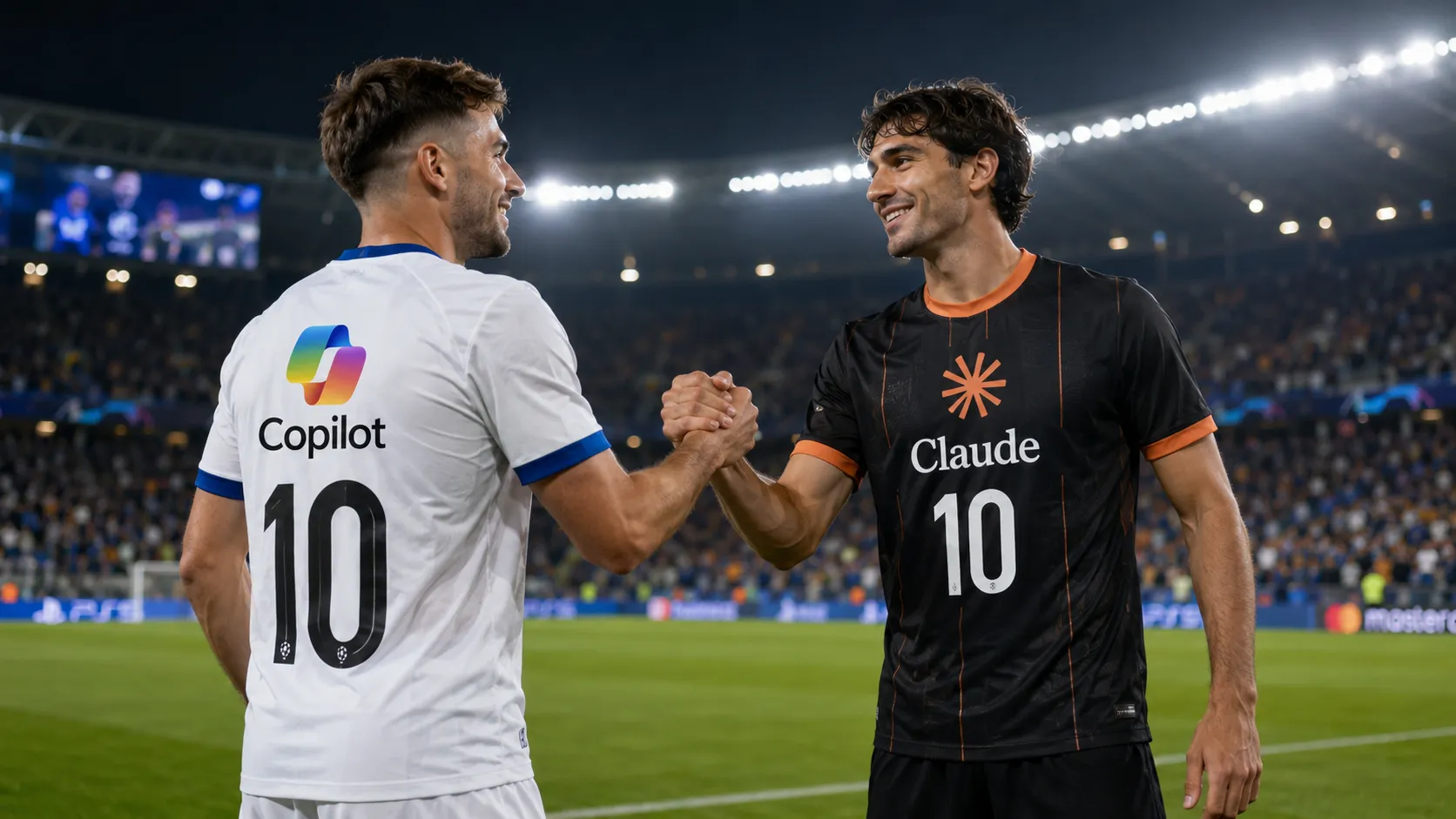 Dos futbolistas con la camiseta número 10 de Copilot y de Claude se dan la mano en la cancha — la comparativa entre Copilot Cowork y Claude Cowork