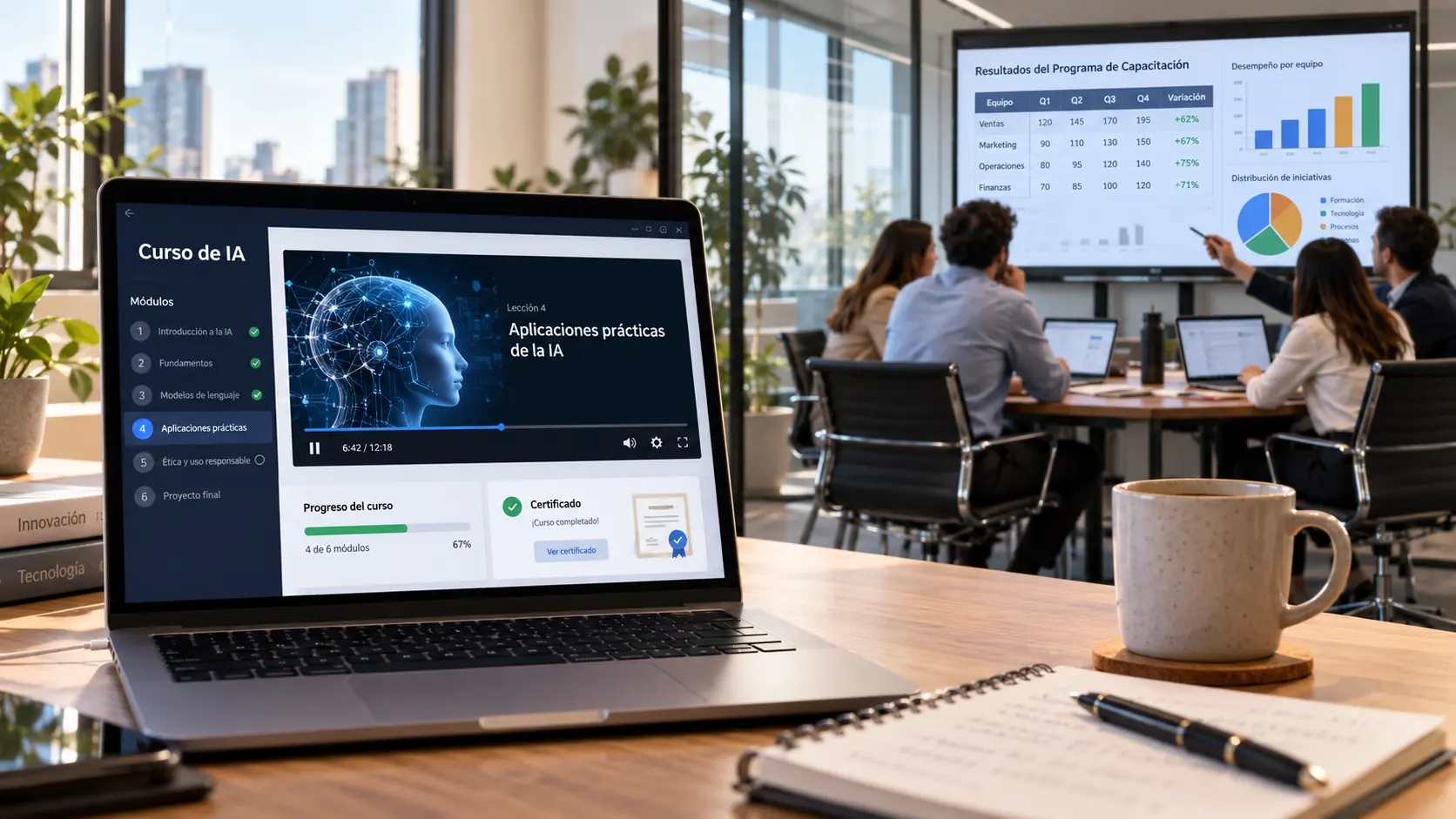 Escritorio con una notebook mostrando un curso online de inteligencia artificial y, al lado, un equipo de trabajo en una sala con sus propias planillas en pantalla — por Diego Ceredi