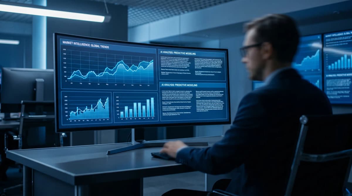 Monitor mostrando informe de inteligencia de mercado generado por IA — Deep Research de Gemini