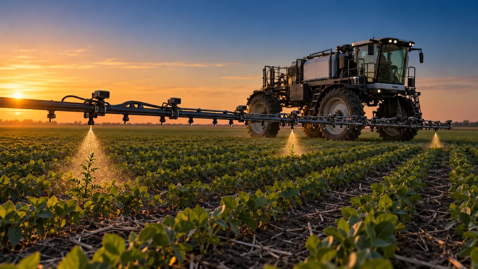 Pulverizadora autopropulsada trabajando un lote de soja al atardecer, con cámaras montadas a lo largo del botalón y solo algunos picos abiertos sobre las malezas — pulverización selectiva con IA, por Diego Ceredi