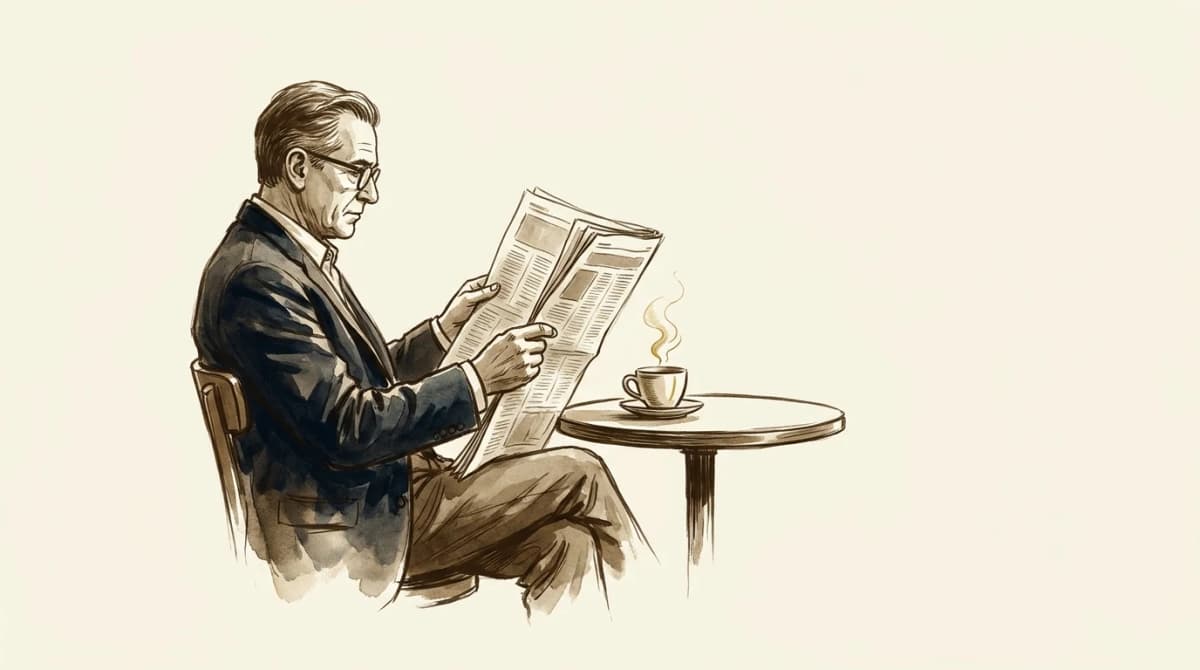 Hombre leyendo el diario en un café porteño un domingo a la mañana
