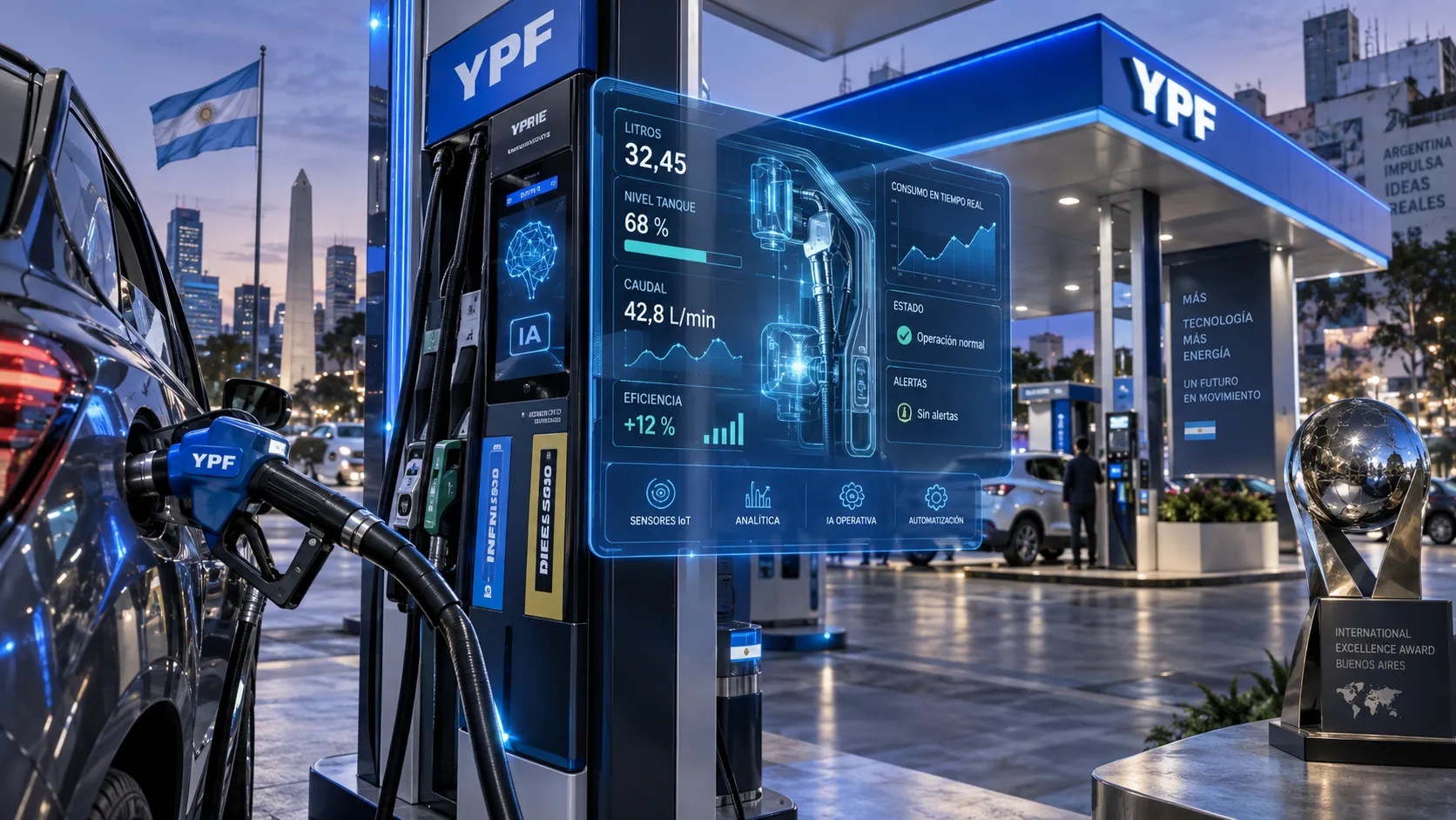 Sala de control de una refinería con paneles de datos en tiempo real sobre las corrientes de combustible, ilustrando Ekons Matrix AI de BCG y YPF en el Complejo Industrial La Plata