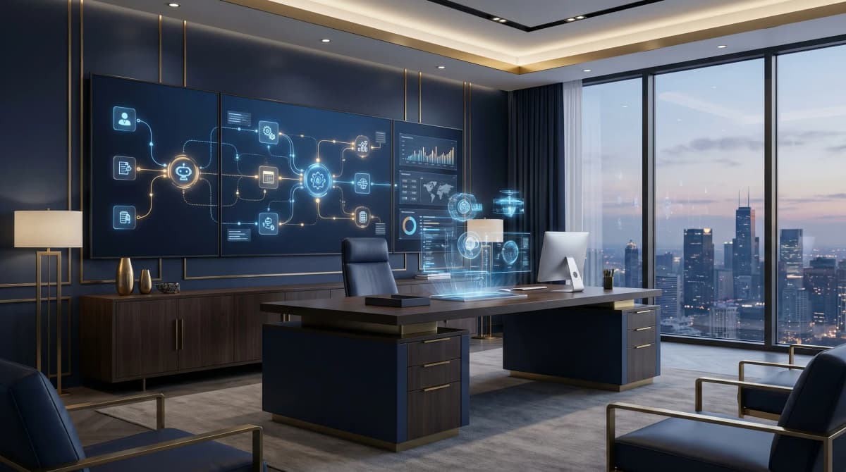 Panel de control corporativo con agentes de IA en pantallas — Gemini Enterprise para empresas