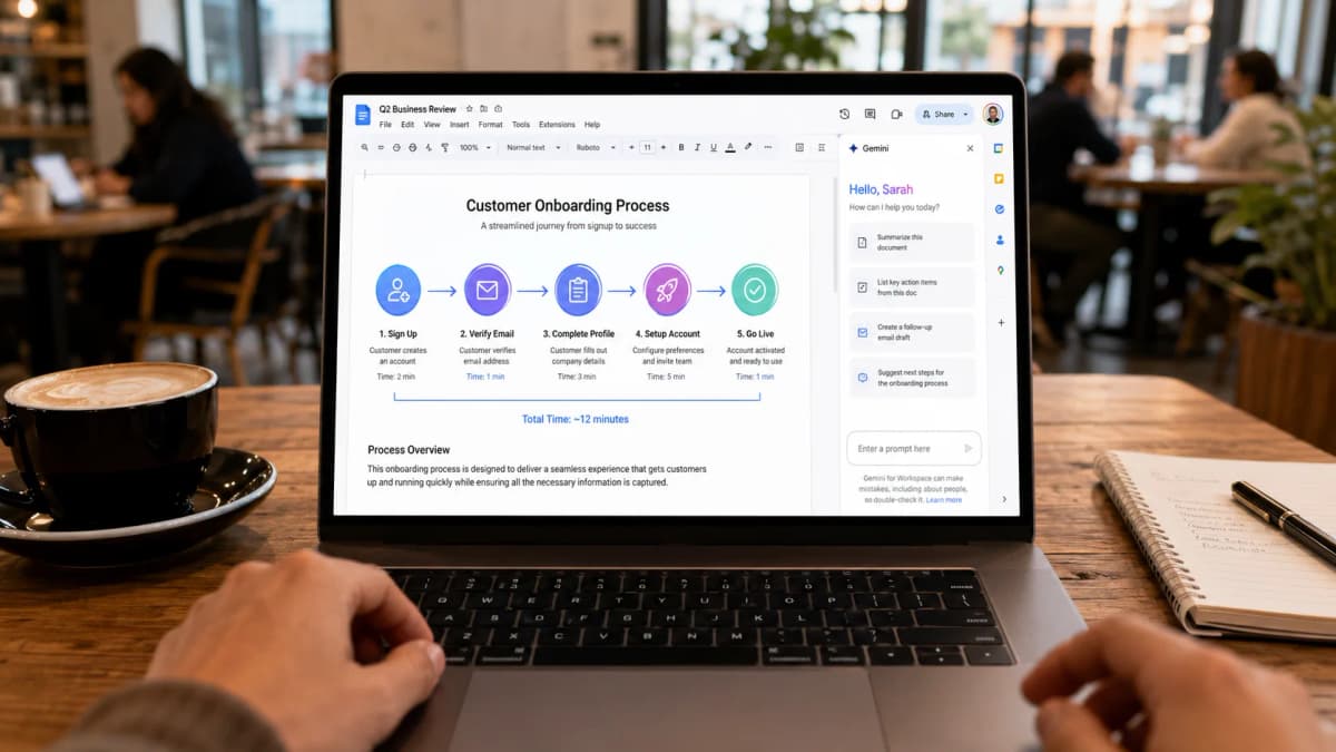 Documento de Google Docs con un diagrama y una infografía generados por Gemini a partir del texto, sin necesidad de un diseñador