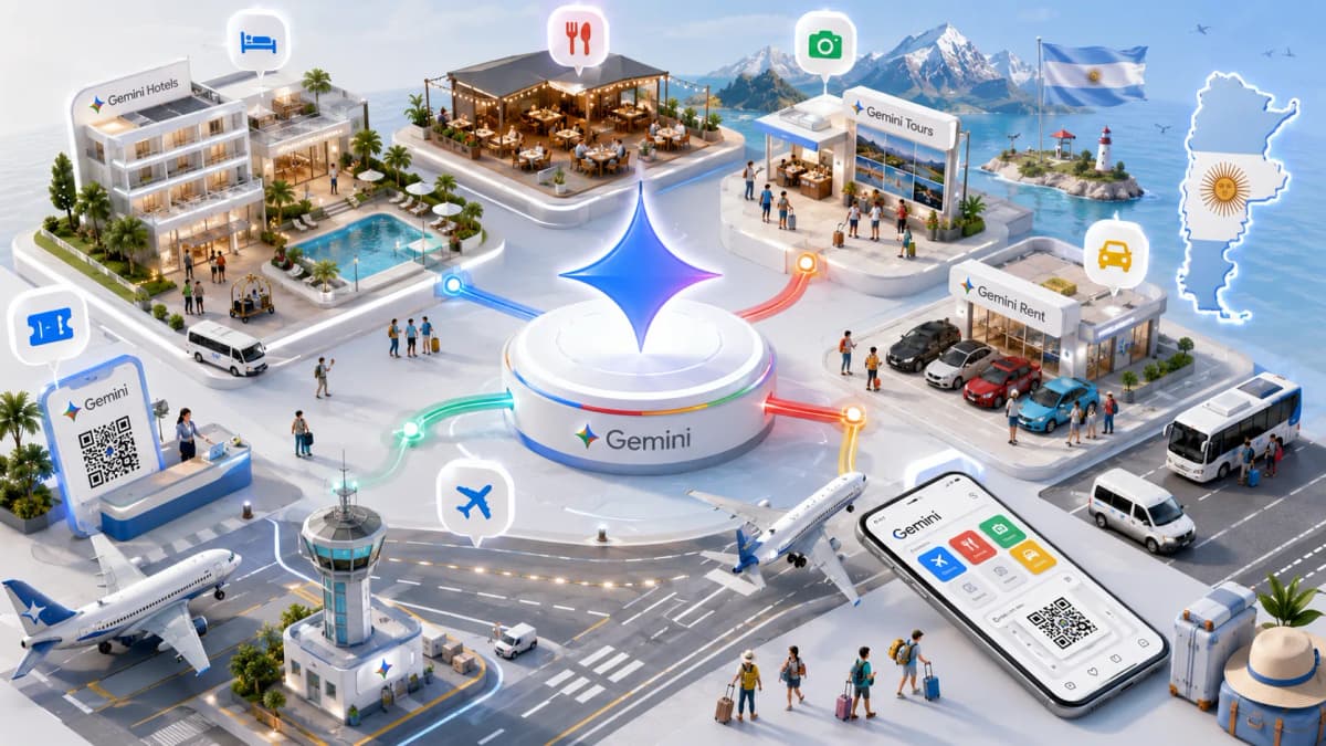Un turista reservando un tour, una mesa de restaurante y entradas desde el asistente de Gemini en su celular, con un hotel argentino de fondo — reservas por IA en turismo y hotelería