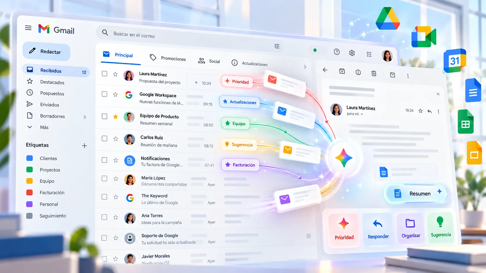 Bandeja de Gmail con la sección AI Inbox abierta: tareas sugeridas arriba y temas para ponerse al día abajo — por Diego Ceredi