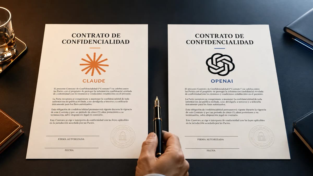 Dos contratos de confidencialidad sobre un escritorio, uno con el logo de Claude y otro con el de OpenAI, y una mano con una lapicera a punto de firmar: la decisión de con qué proveedor de IA se compromete una empresa