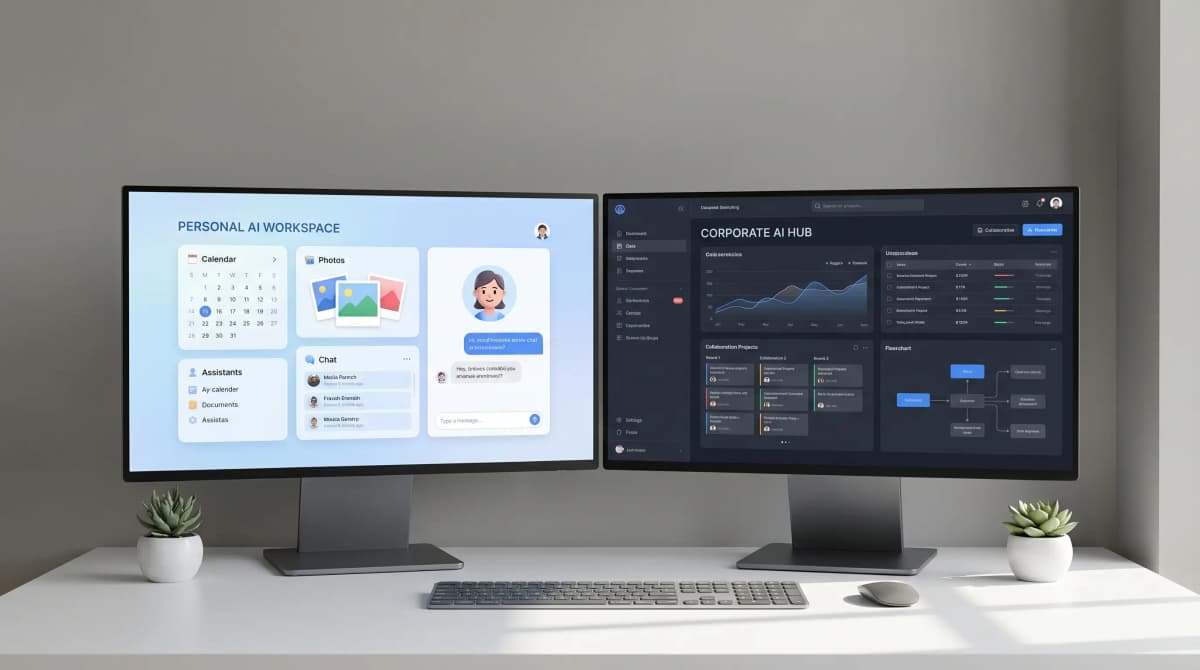 Dos monitores mostrando interfaces de Google AI — comparativa entre plan personal y corporativo