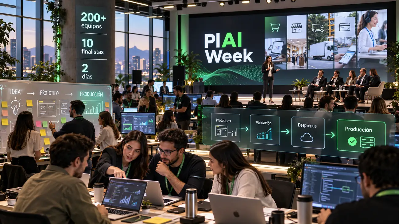 Un hackathon de IA en una oficina: equipos trabajando con notebooks, una pantalla con el texto «PlAI Week» y un tablero con el recorrido de prototipo a producción