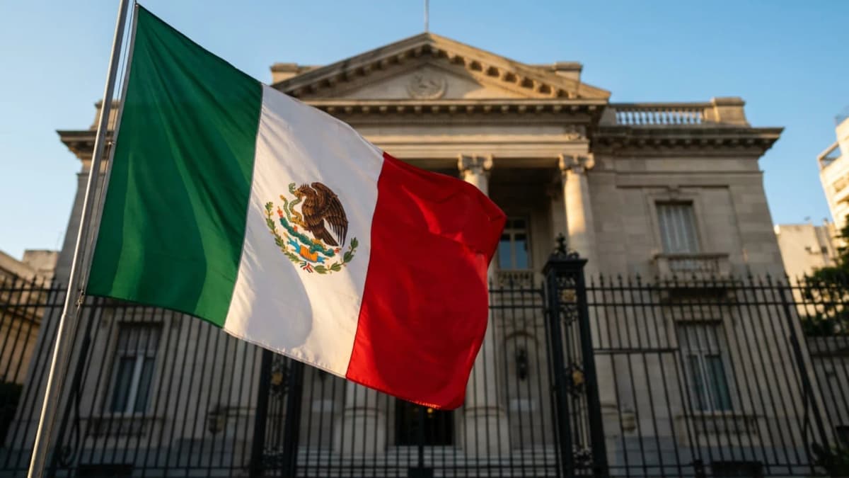 Bandera de México flameando frente a una sede diplomática, símbolo de la inteligencia artificial y el cumplimiento para empresas en México