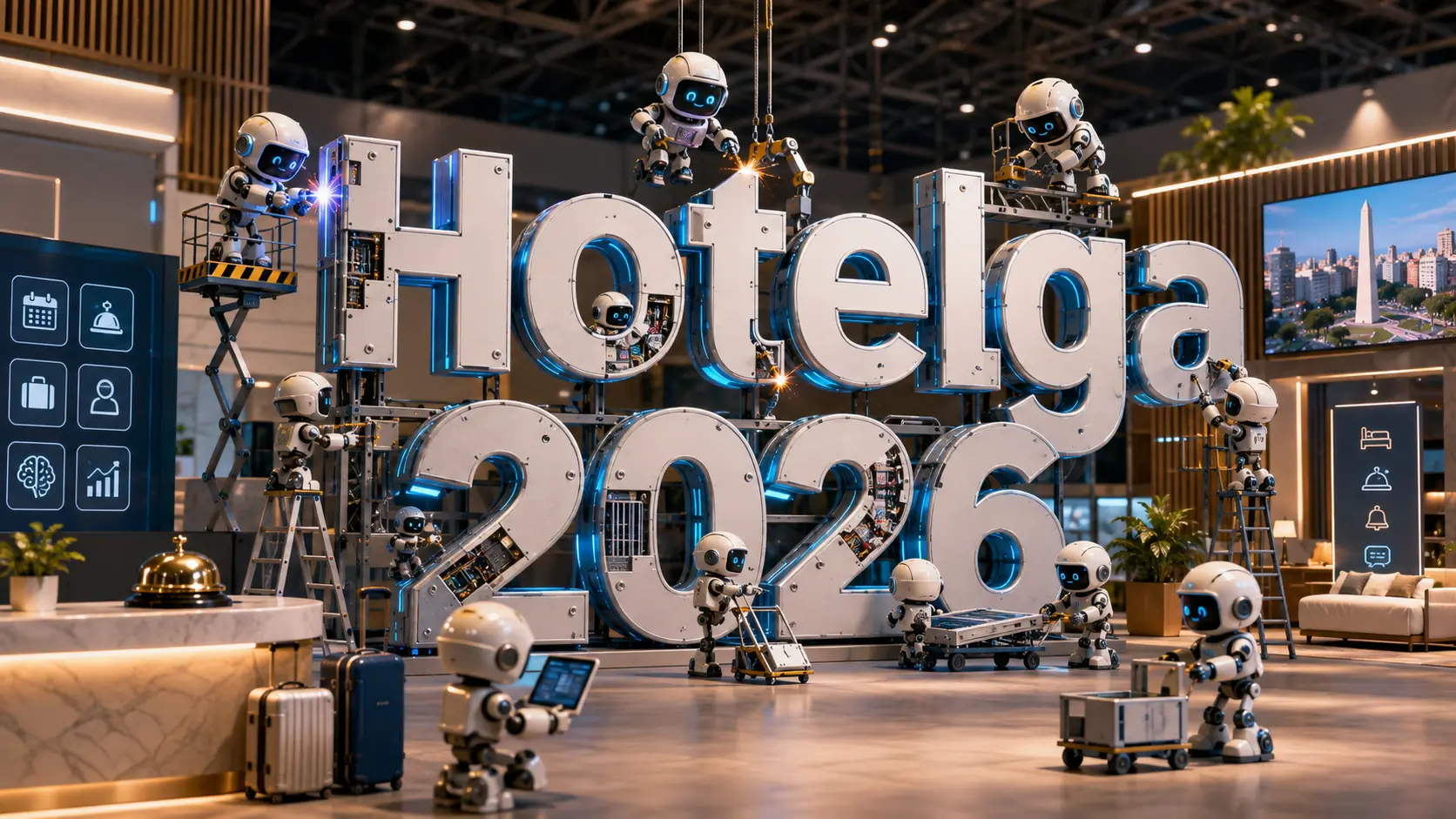 Stand del Hub de Tecnología de Hotelga 2026 en La Rural, con proveedores de inteligencia artificial, software y automatización mostrando soluciones para hoteles y restaurantes argentinos