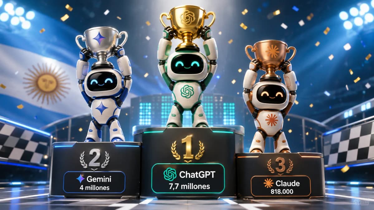 Podio con las plataformas de IA más usadas en Argentina según Comscore — ChatGPT primero, Gemini segundo y Claude escalando posiciones, análisis de Diego Ceredi