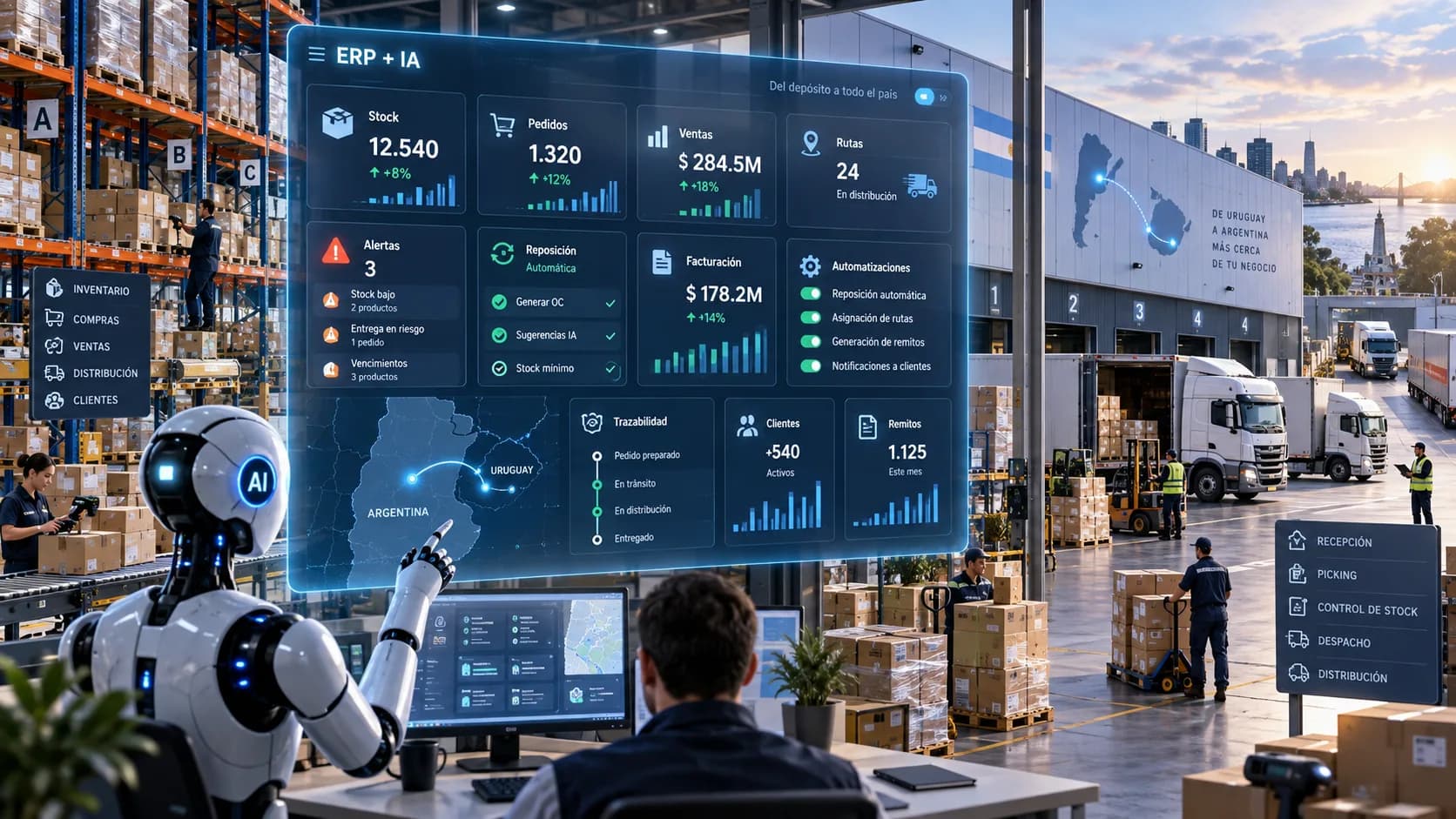 Depósito de una distribuidora mayorista argentina con pallets y un vendedor que mira en el celular una lista de clientes priorizados por IA a partir de los datos del ERP