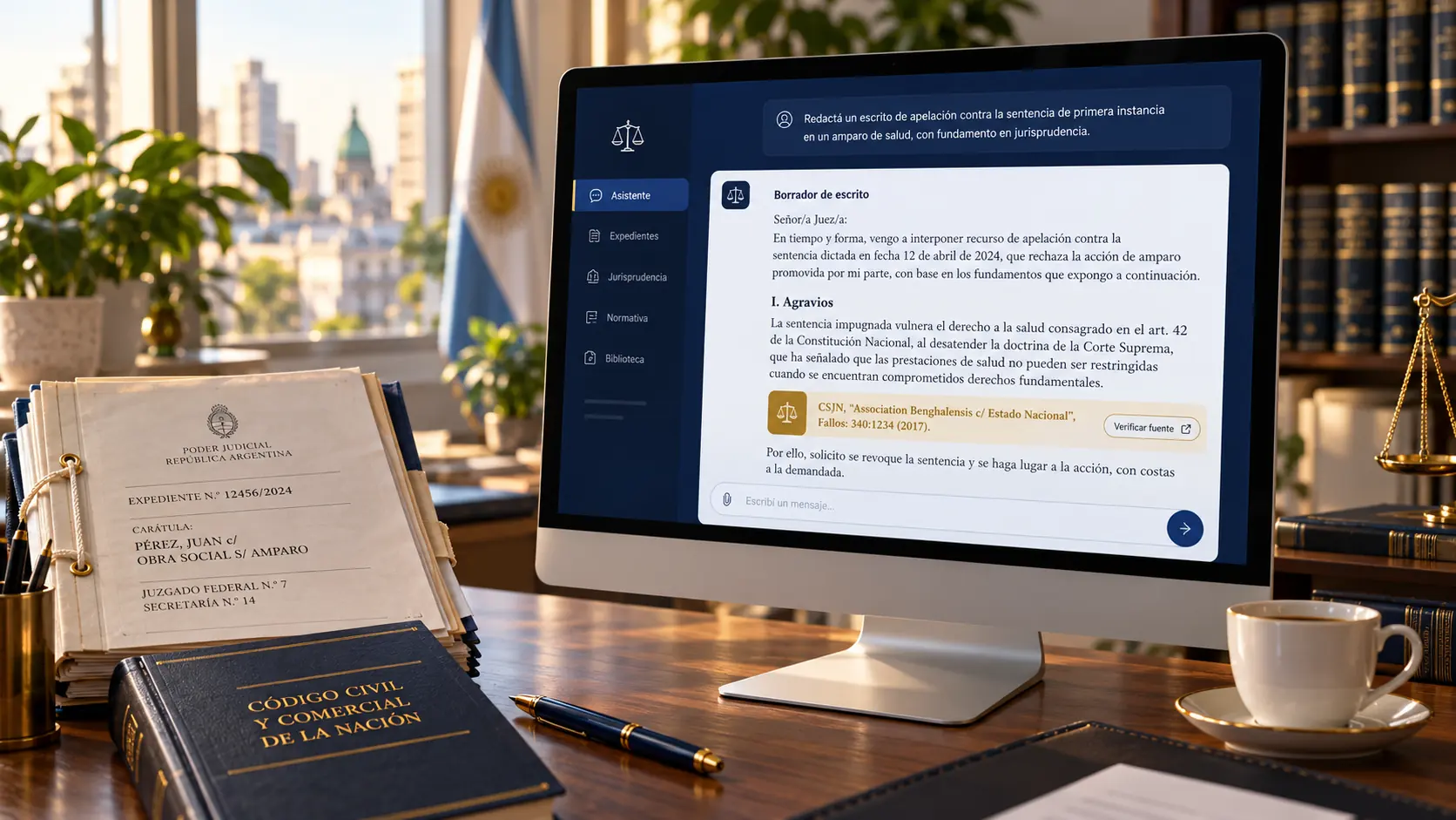 Escritorio de un estudio jurídico con un expediente en papel y una pantalla con un asistente de IA marcando una cita jurisprudencial para verificar — por Diego Ceredi