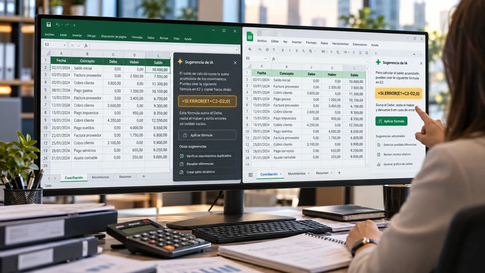 Planilla de conciliación abierta en Excel y en Google Sheets, con el panel de IA al costado proponiendo una fórmula y una persona revisando el resultado — por Diego Ceredi