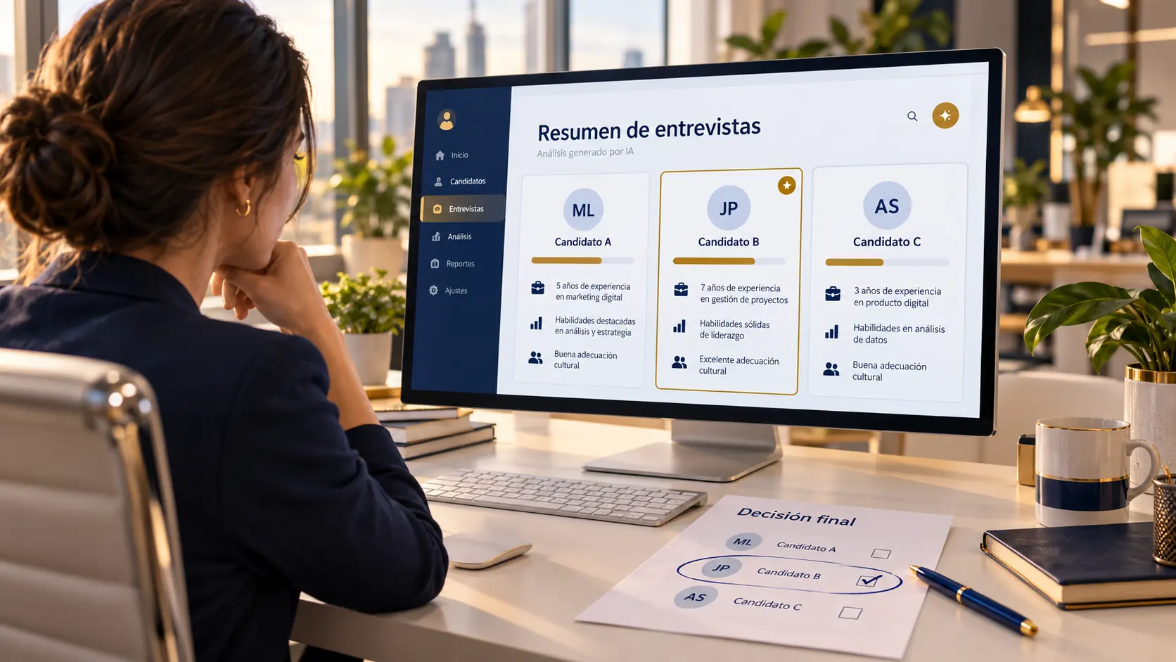 Oficina de recursos humanos con una persona revisando en pantalla el resumen de entrevistas que armó un asistente de IA, con la decisión final marcada a mano — por Diego Ceredi